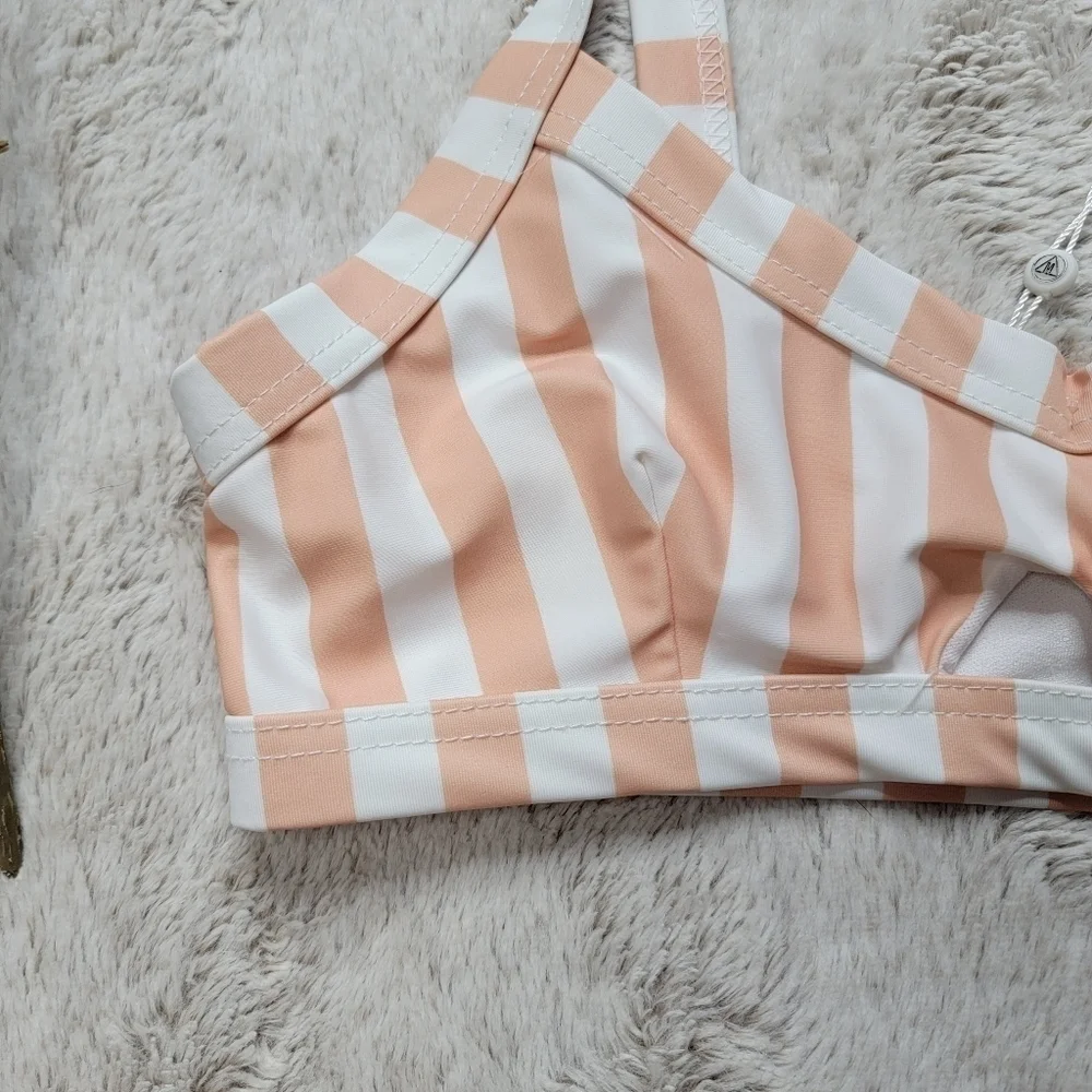 Missguided Stripe Cut Out Bikini Swim Top White Peach NWT Size 6 - Picture 6 of 12